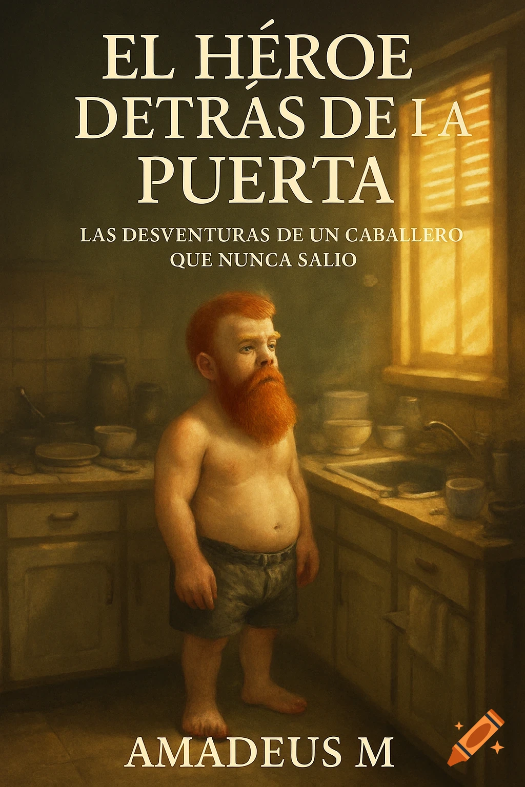 Book cover featuring a short, red-bearded man, shirtless, in a messy kitchen, looking out a window. Title: EL HÉROE DETRÁS DE LA PUERTA.