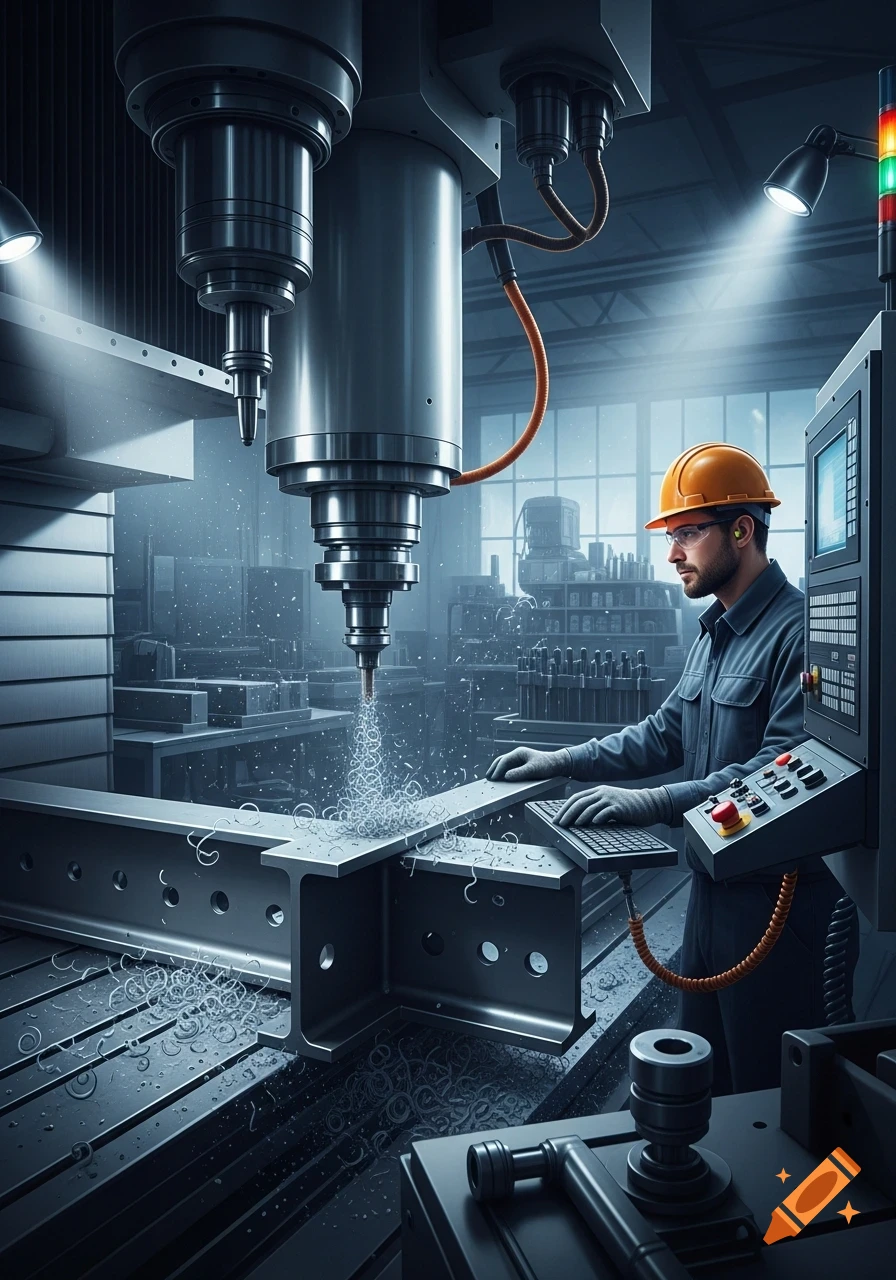 A man in safety gear operates a CNC machine, drilling into a metal beam on a factory floor, producing shavings.