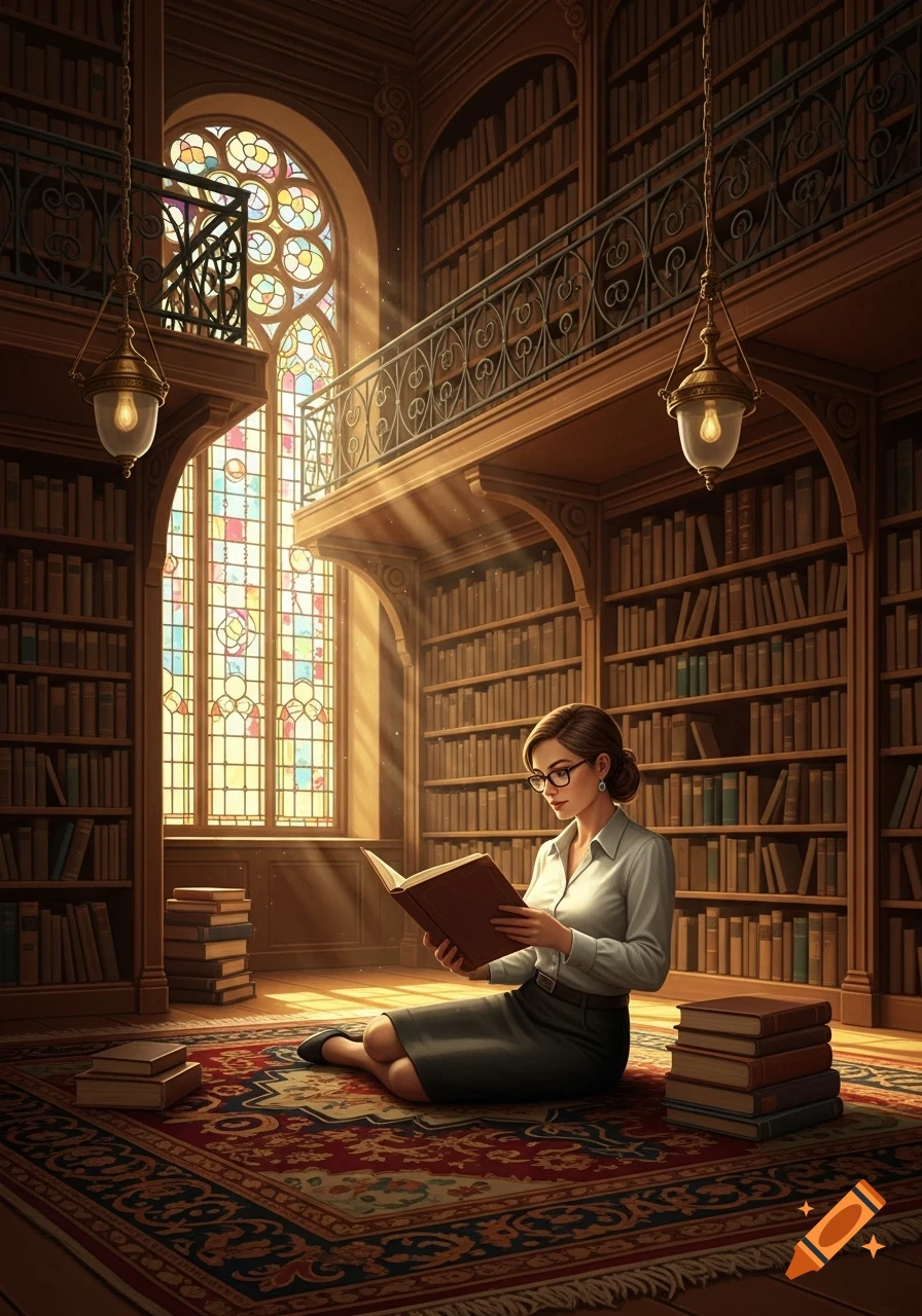 A woman sits on a patterned rug in a grand library, reading a book. Sunlight beams through a large stained-glass window.