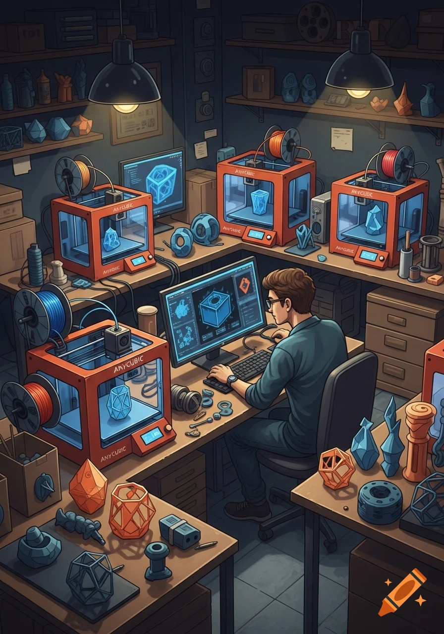 An illustrated man working on a computer in a workshop filled with orange 3D printers and geometric objects.