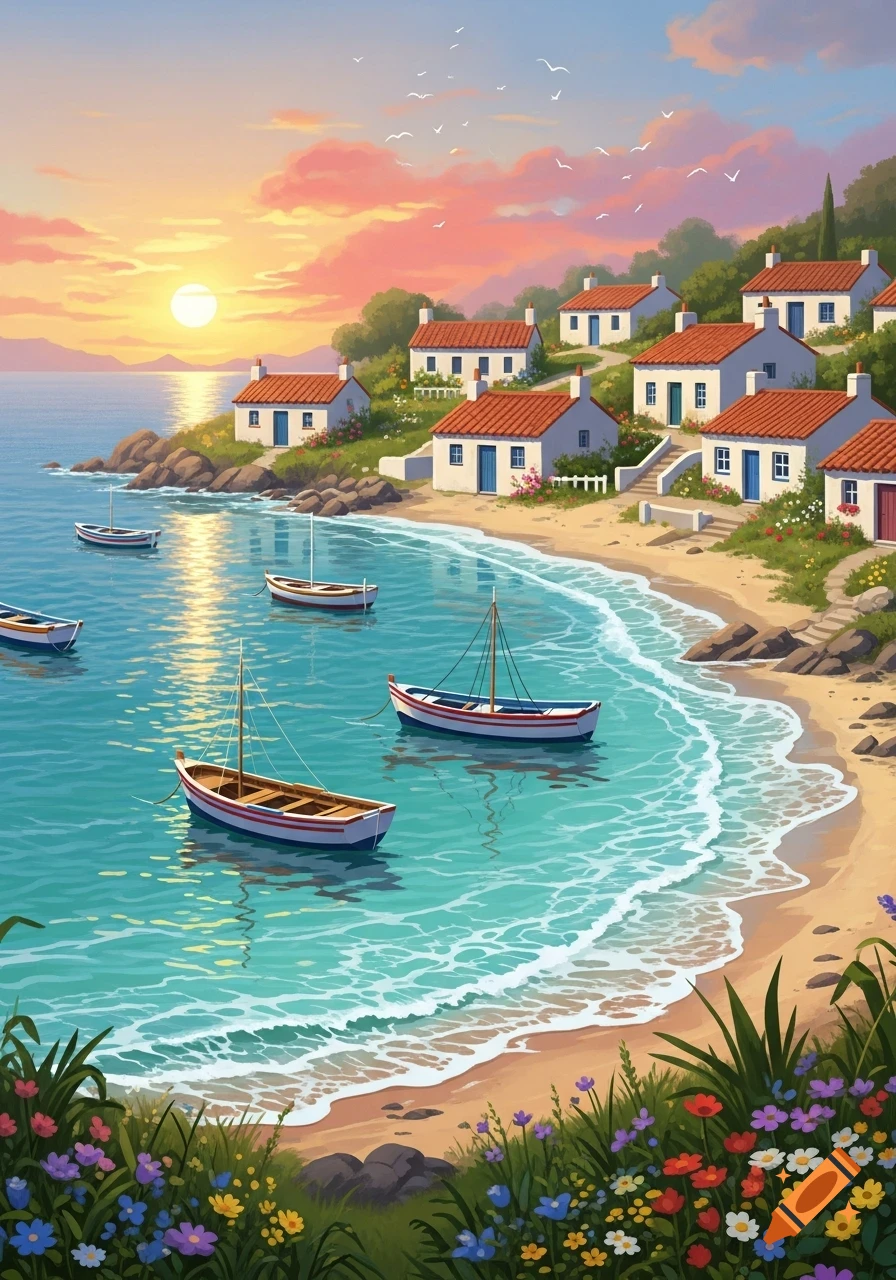Illustrated coastal village at sunset with white houses and red roofs on a hillside, boats in turquoise water, and wildflowers on the beach.