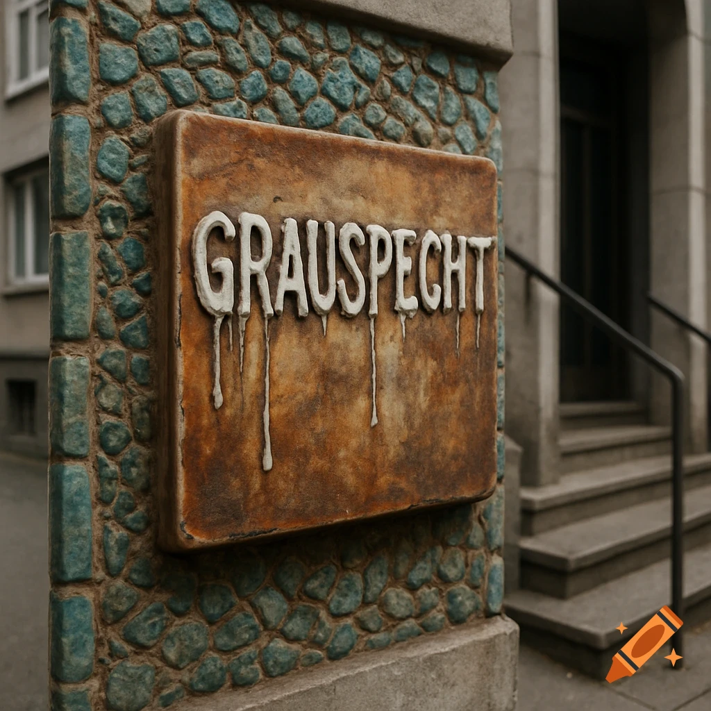 A weathered ceramic sign with embossed, dripping white text 'GRAUSPECHT' on a teal mosaic wall, next to a building entrance with steps.