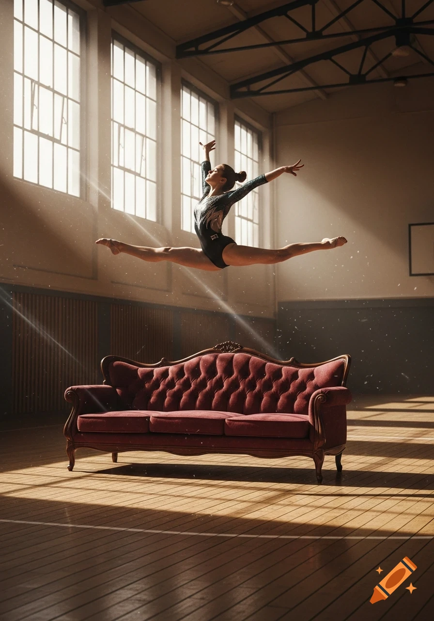 Female gymnast leaps in a split mid-air over a red velvet sofa in a sunlit gym, photorealistic.
