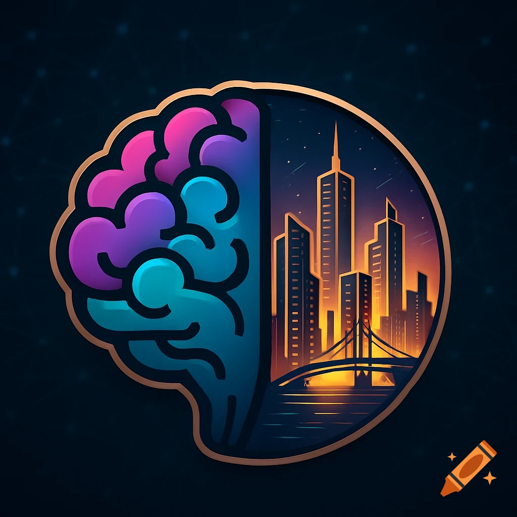 A stylized logo split into two halves: a colorful brain on the left and a glowing night cityscape with a bridge and reflections on the right.
