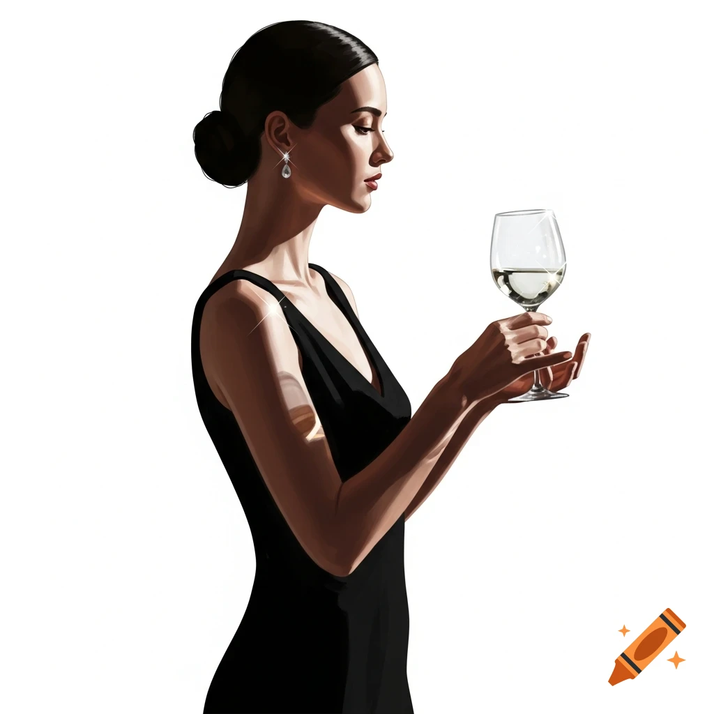 Elegant illustration of a woman with dark hair in a bun, wearing a black dress, holding a wine glass against a white background.