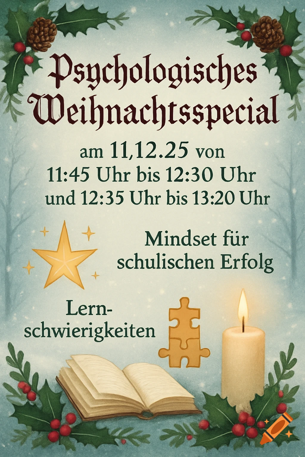 A festive Christmas-themed poster advertising a psychological special, featuring holly, pinecones, a star, an open book, a puzzle piece, and a lit candle.
