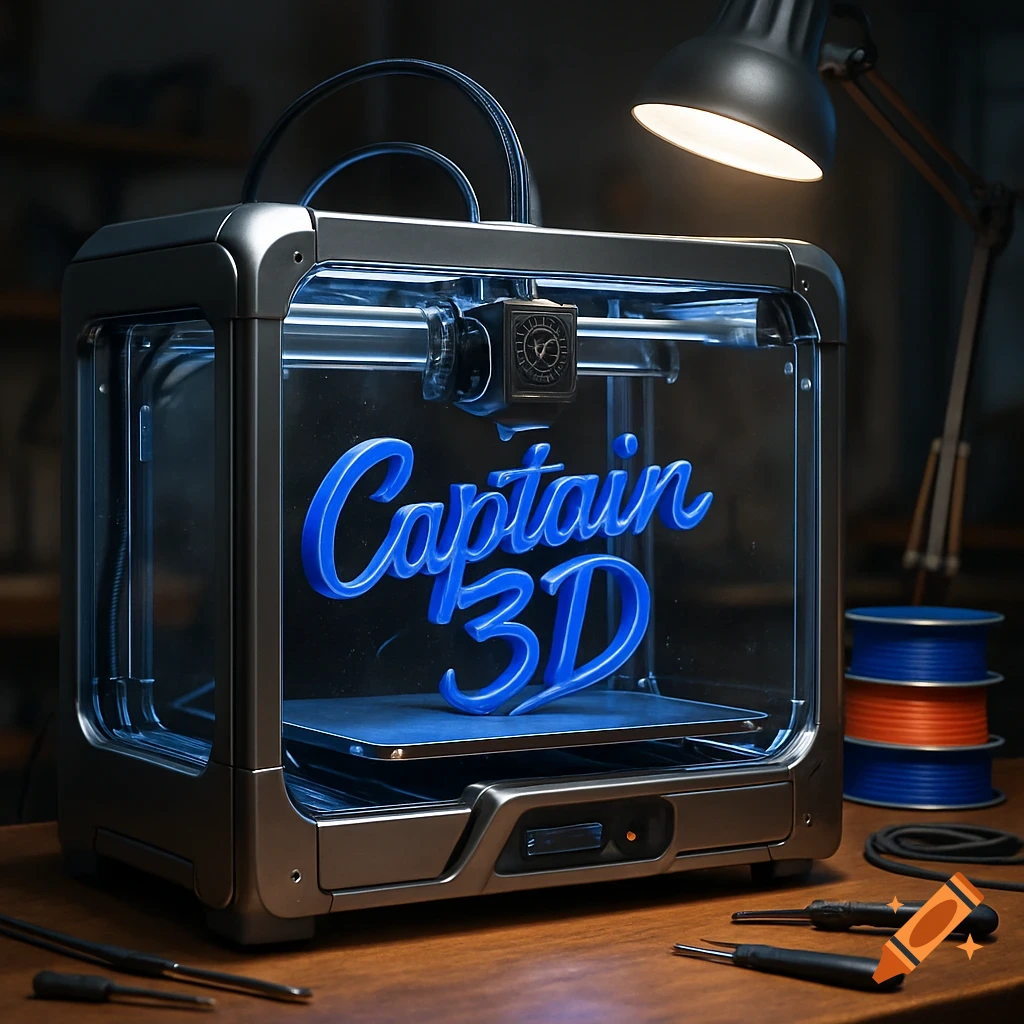 Photorealistic image of a 3D printer printing blue 'Captain 3D' text, with filament spools and tools on a wooden desk.