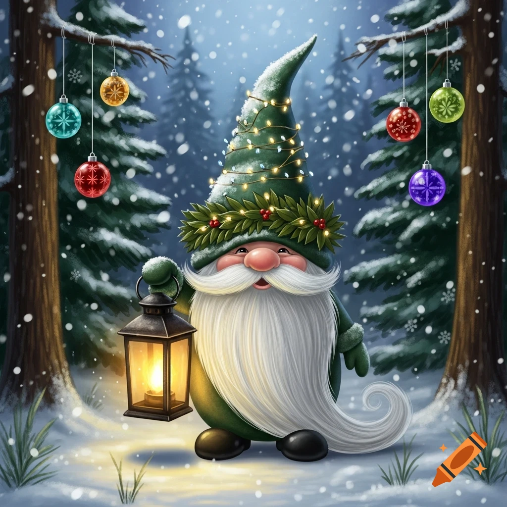 A cheerful Christmas gnome with a long white beard and a green pointed hat holding a glowing lantern in a snowy forest.