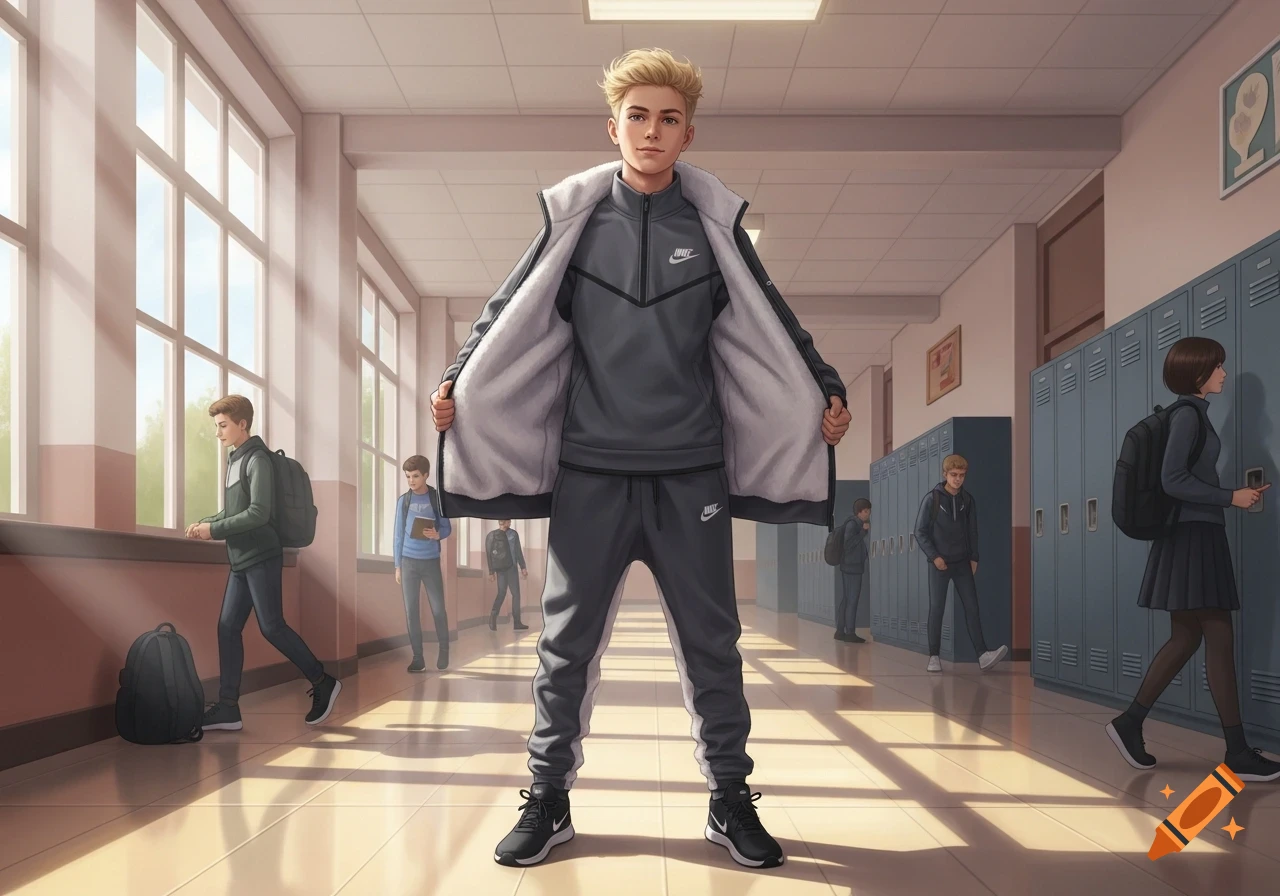 An illustrated blond boy in a gray Nike tracksuit poses in a school hallway with other students passing by.