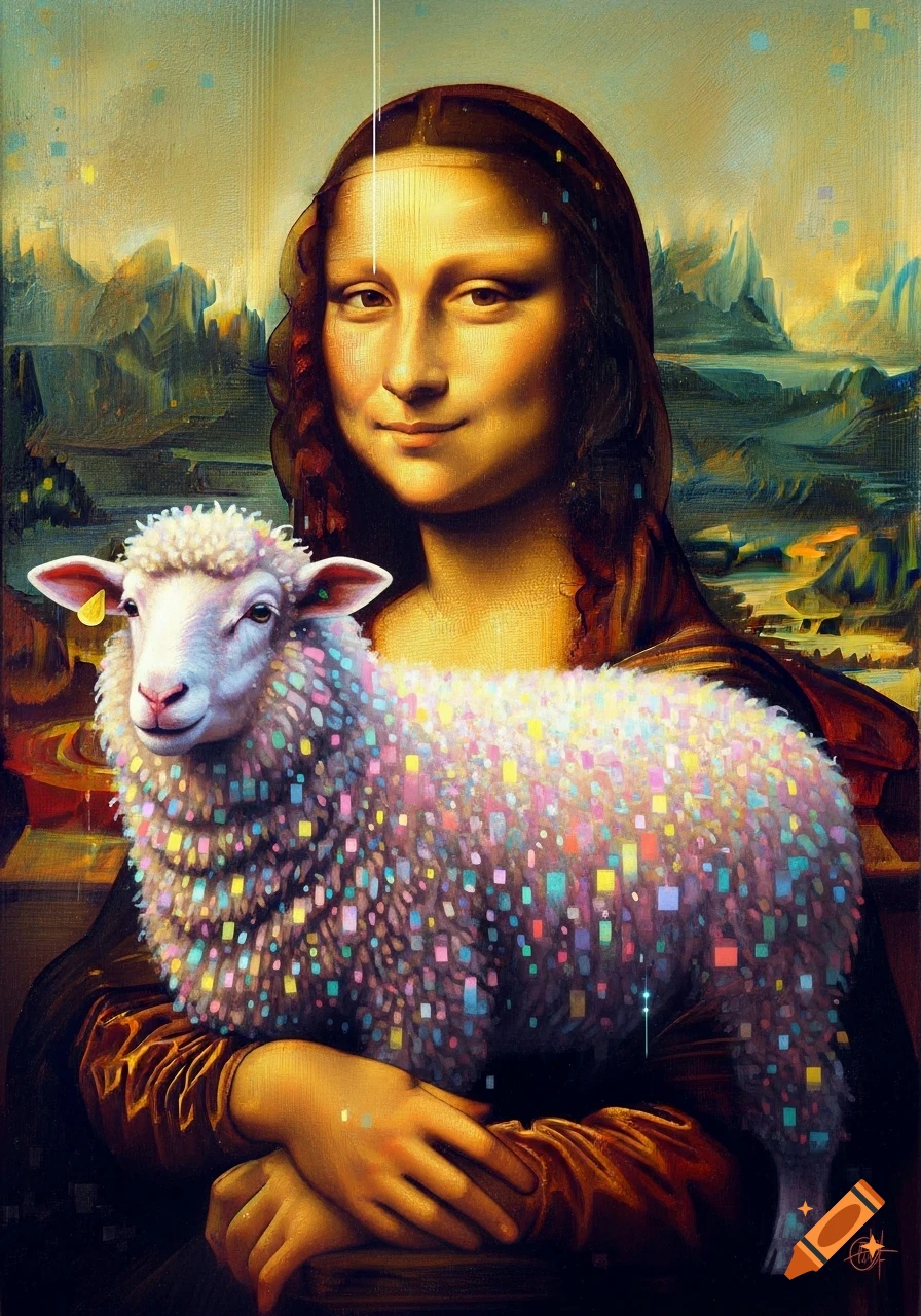 Mona Lisa holds a sheep with colorful pixelated wool, set against a vibrant, pixelated landscape in a painted style.
