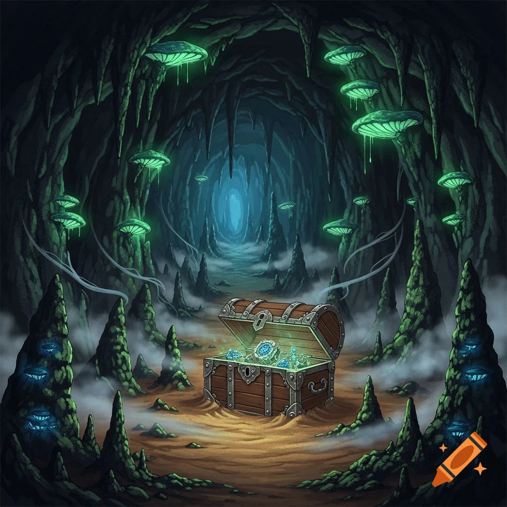 A stylized illustration of a dark cave filled with glowing green mushrooms and a treasure chest overflowing with gems.