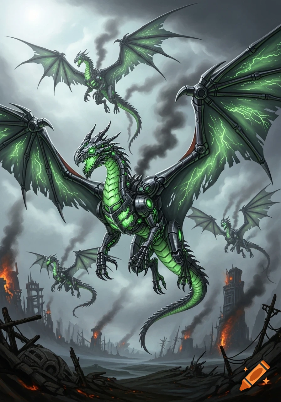 Robotic green dragons fly over a burning, ruined city under a dark, smoky sky in a detailed fantasy illustration.