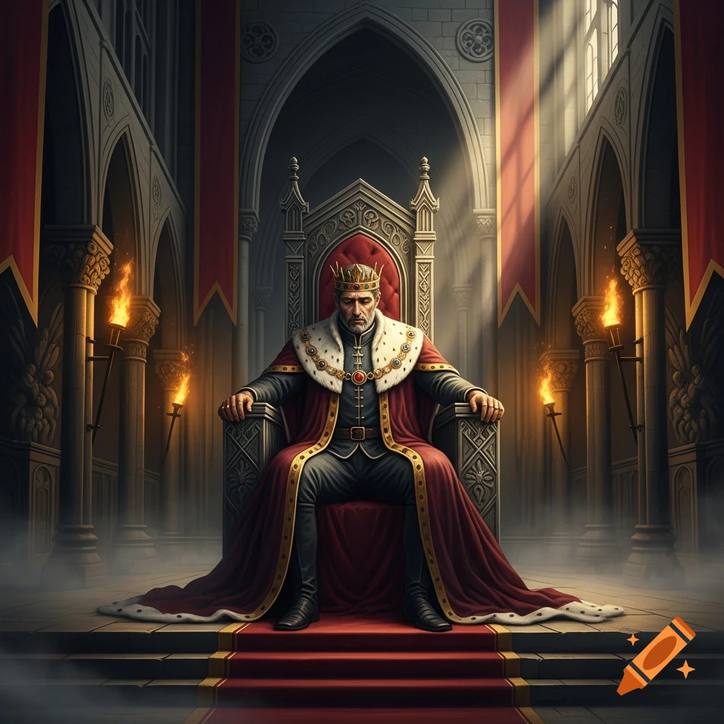 A king in regal robes and crown sits on an ornate throne in a grand, dimly lit castle hall.