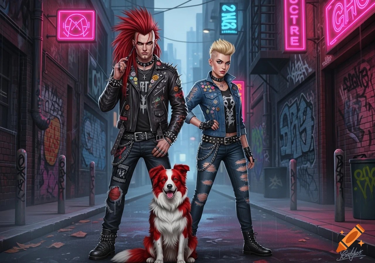 Two punk characters, a red-haired man and a blonde woman, stand with a red and white border collie in a graffiti alley.