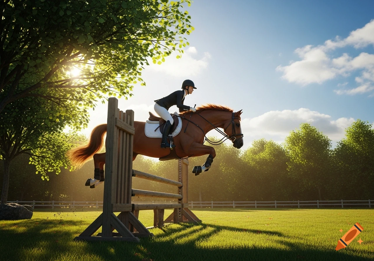 Photorealistic image of a rider on a brown horse jumping over a wooden fence in a grassy field with trees and a sunny sky.
