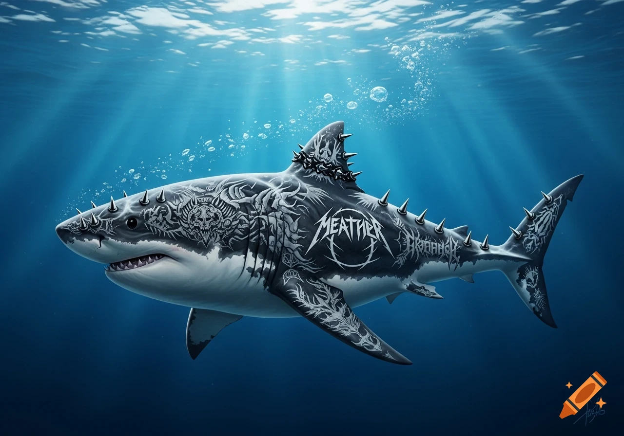 A great white shark with intricate black and white metal-style tattoos and spikes, swimming in blue ocean water with sun rays.