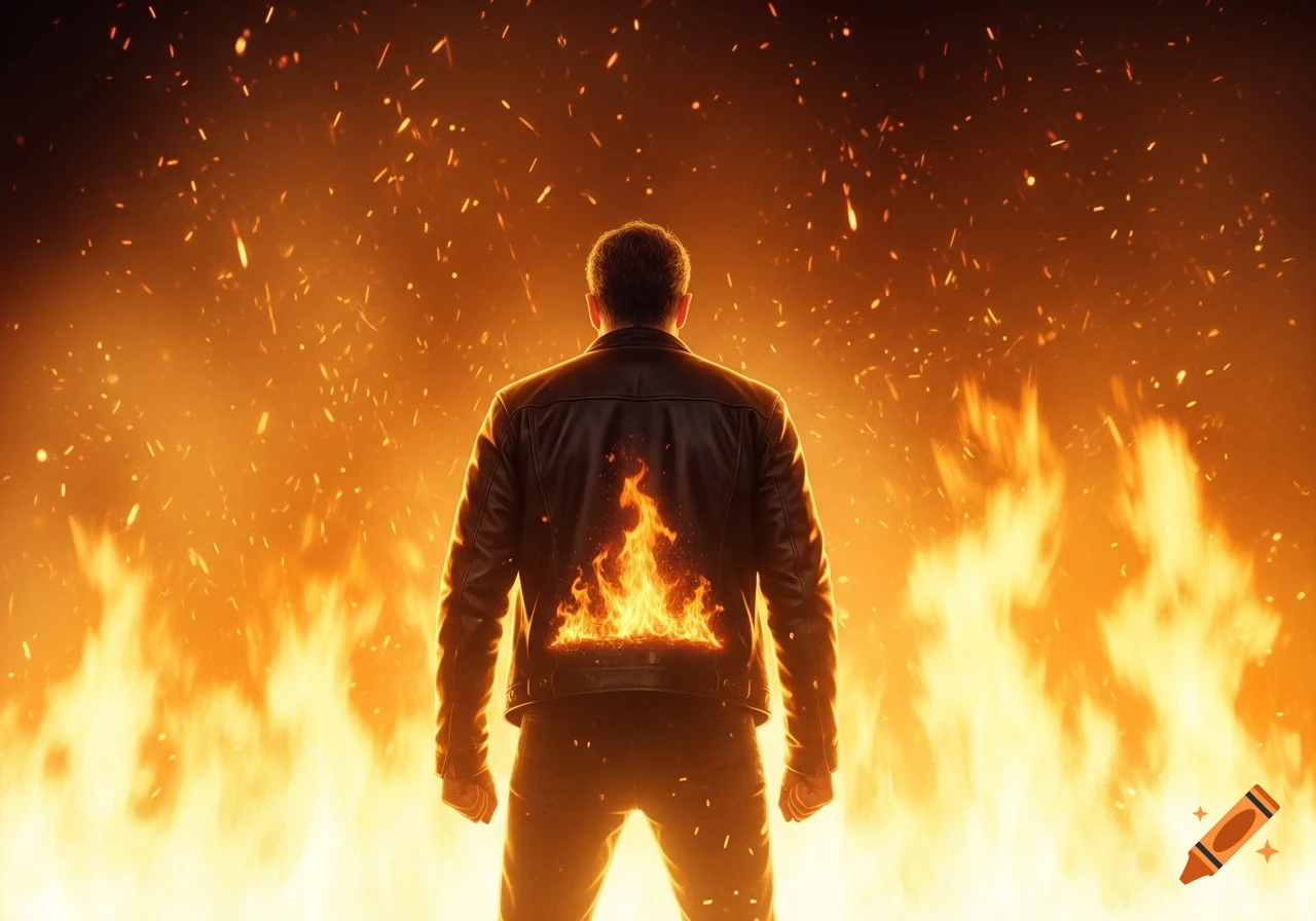 Man in a leather jacket standing with his back to the viewer, engulfed in bright flames and sparks.