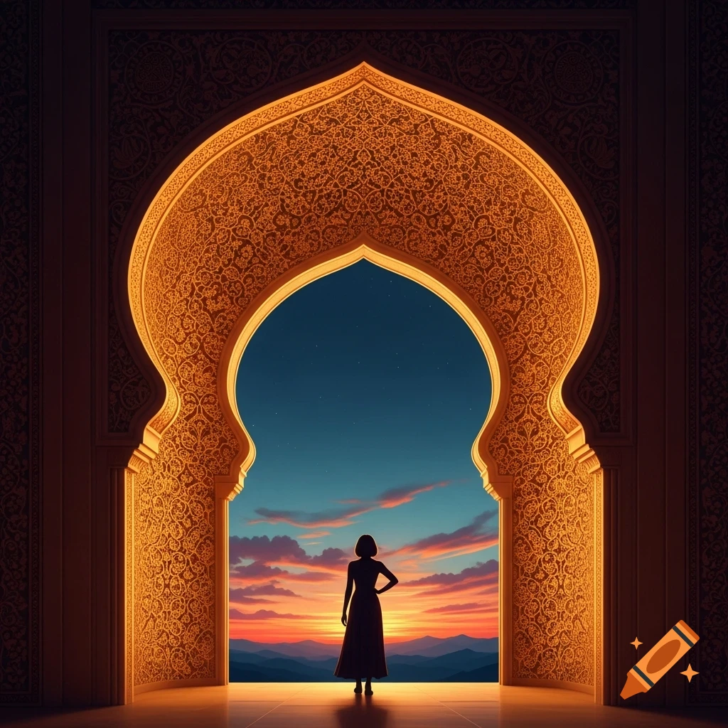 A silhouette figure stands in a golden, ornate archway, looking out at a vibrant sunset over mountains under a starry sky.