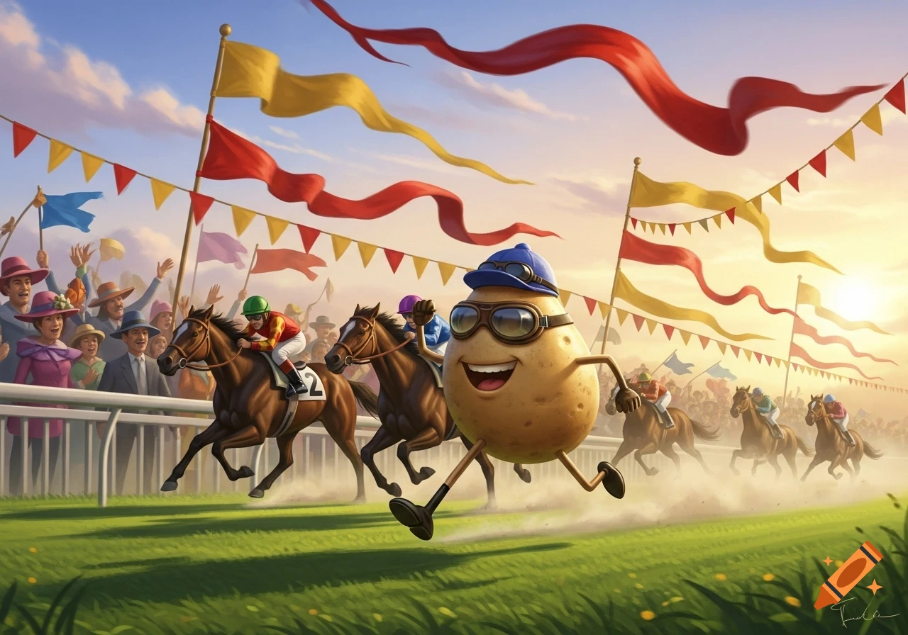 A smiling cartoon potato in goggles and a cap runs alongside racehorses and jockeys on a sunny racetrack, cheered by spectators.