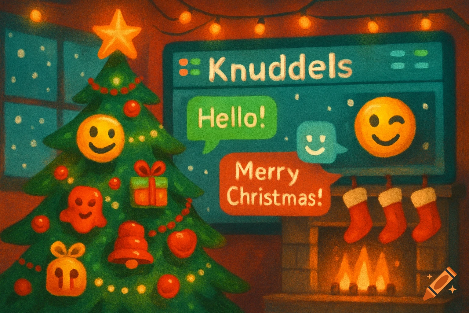 A festive digital illustration depicts a Christmas tree adorned with ornaments and a star, next to a fireplace with stockings. A chat screen displays "Knuddels," "Hello!," and "Merry Christmas!" messages with emojis.