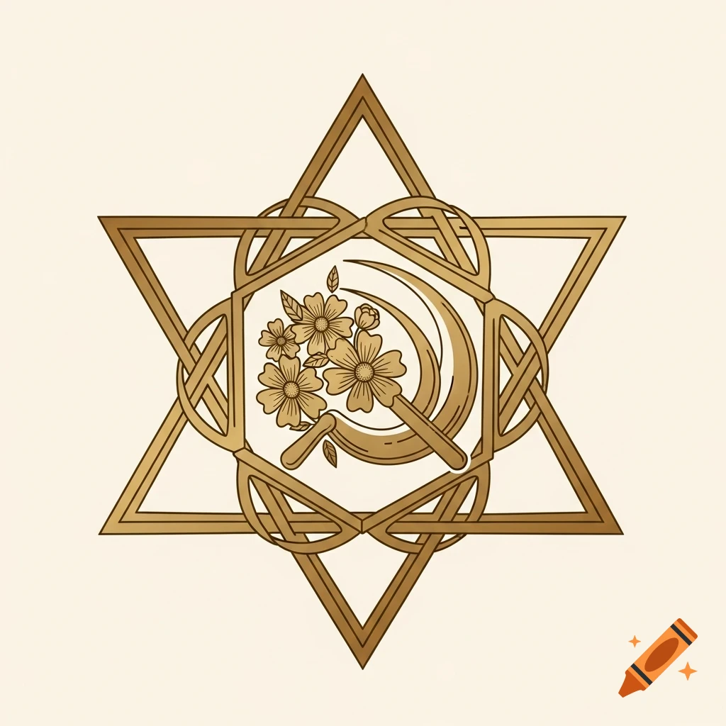 An intricate golden emblem features a six-pointed star interwoven with Celtic knot patterns, framing a sickle cutting through flowers, all on a cream background.