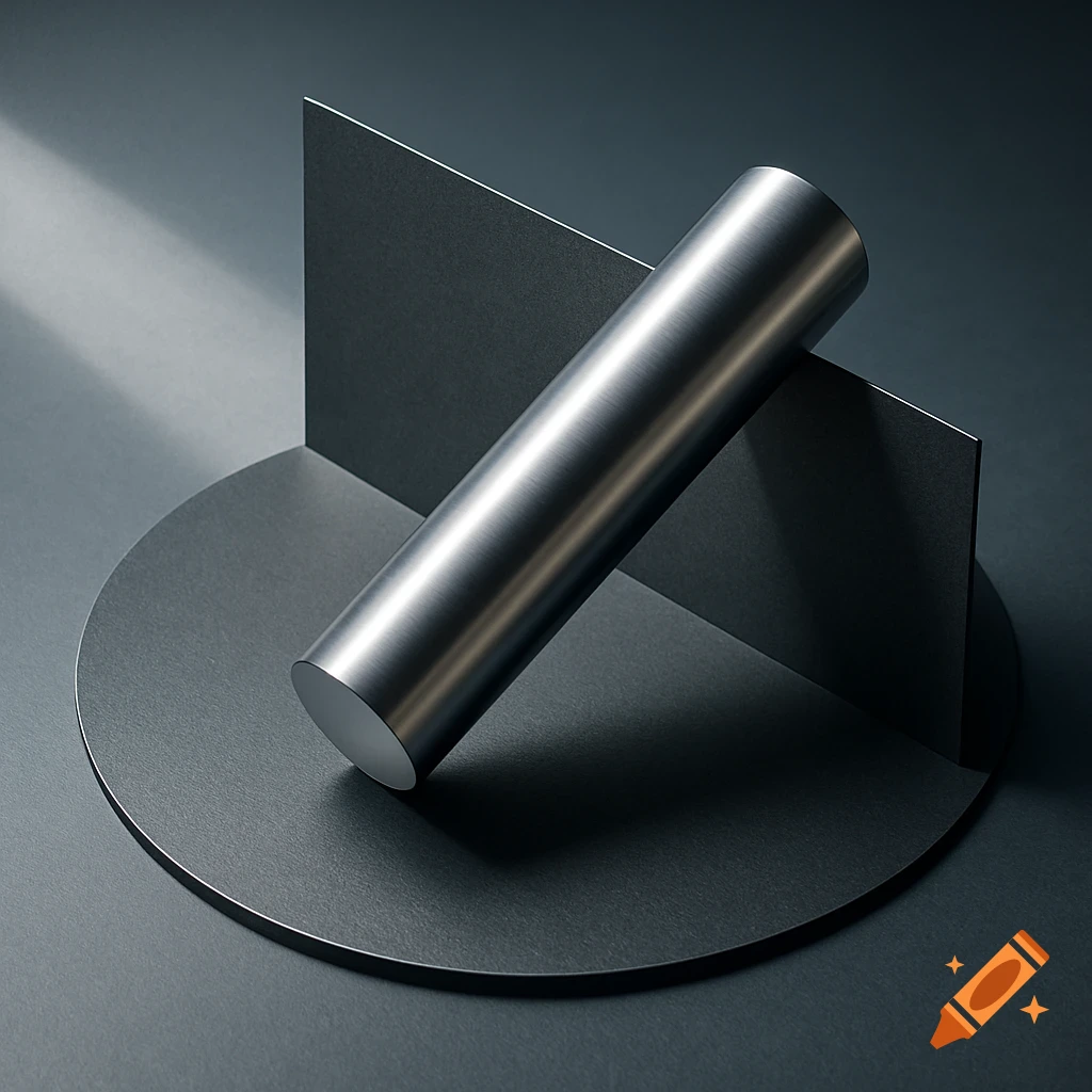 A shiny metallic cylinder leans against a rectangular plane, set on a circular base in a minimalist, geometric composition.