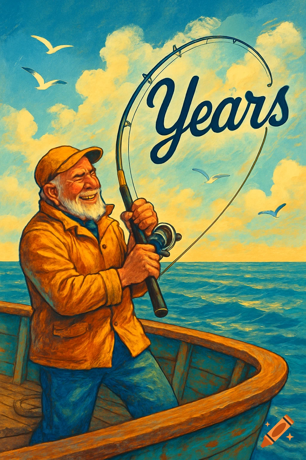 Vintage illustration of a smiling old fisherman reeling in the word 'Years' from a boat on the ocean.
