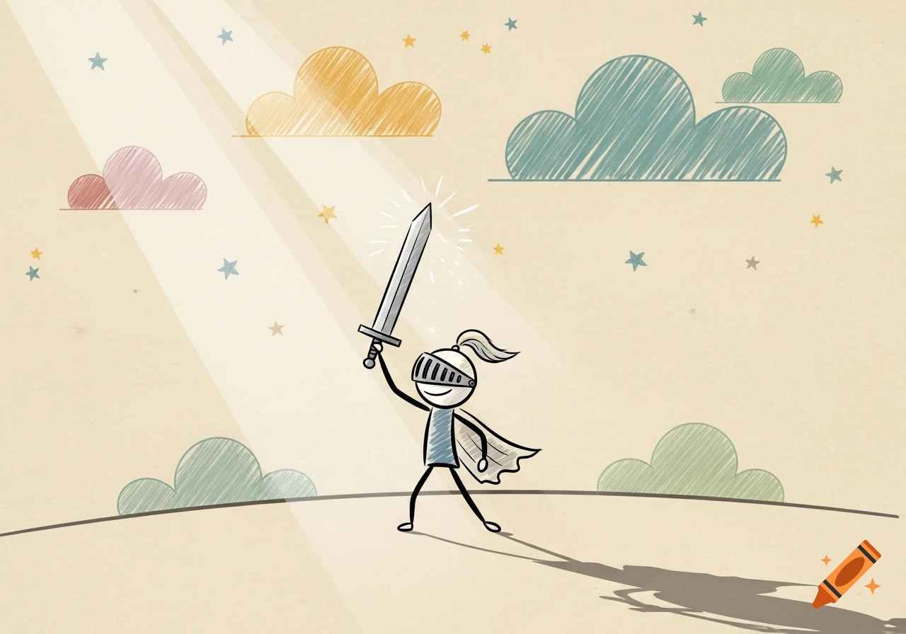 A doodle stick figure knight in a helmet and cape holds a shining sword under sunbeams and colorful clouds.