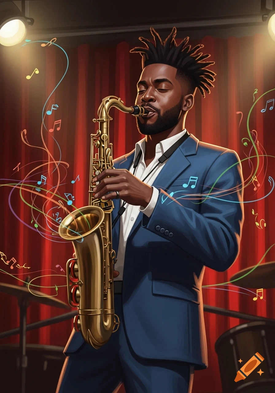 Illustrative portrait of a Black man with dreadlocks playing a saxophone on a stage with red curtains and spotlights.