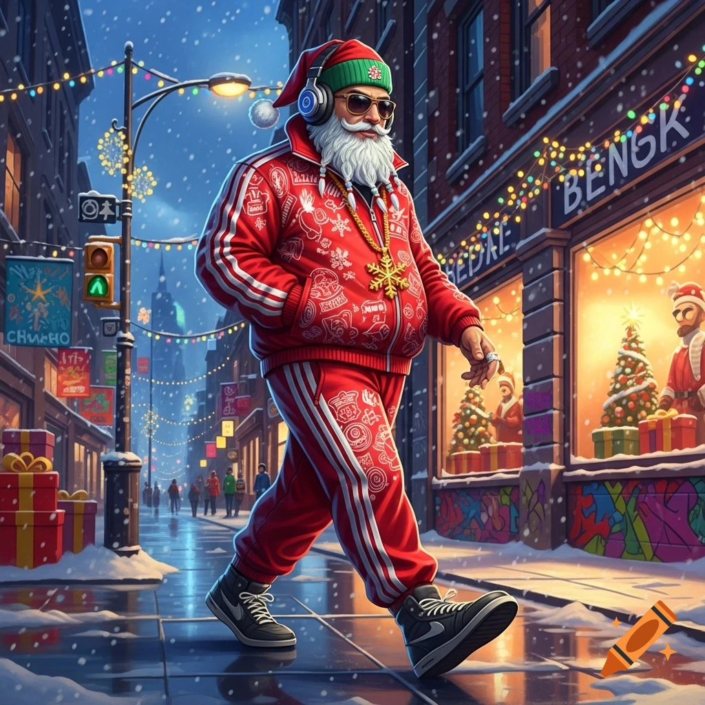 A hip-hop Santa Claus in a red tracksuit, sunglasses, and headphones walks a snowy, festive city street at night.