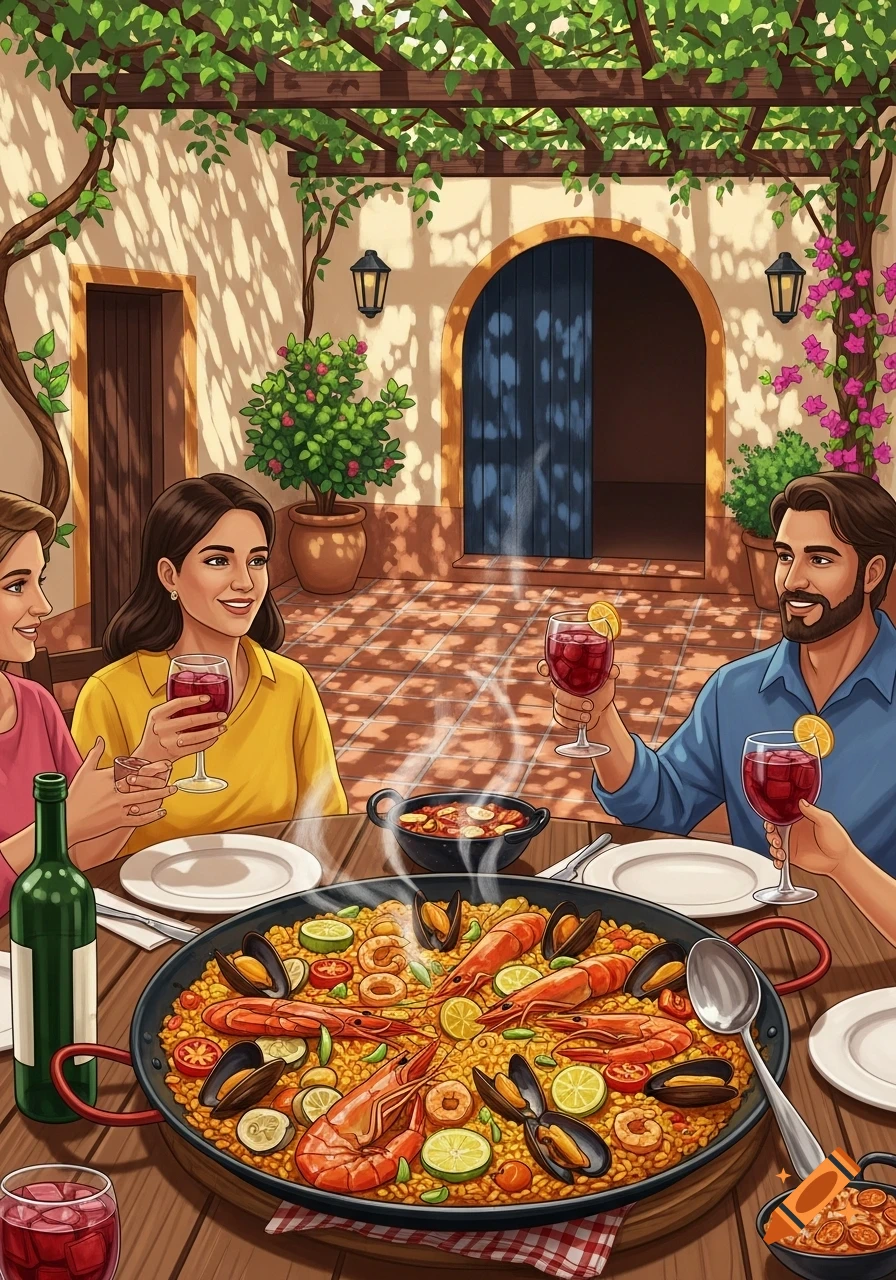 Illustrated group of friends enjoying a large paella and red wine at an outdoor patio with a vine-covered pergola.