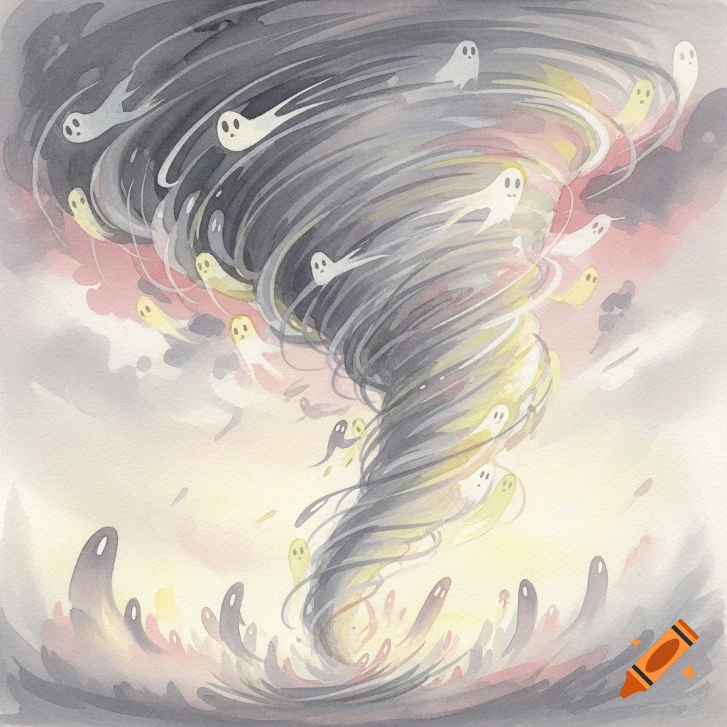 A whimsical watercolor painting of a grey, pink, and yellow cyclone filled with small, cartoonish white and yellow ghosts.