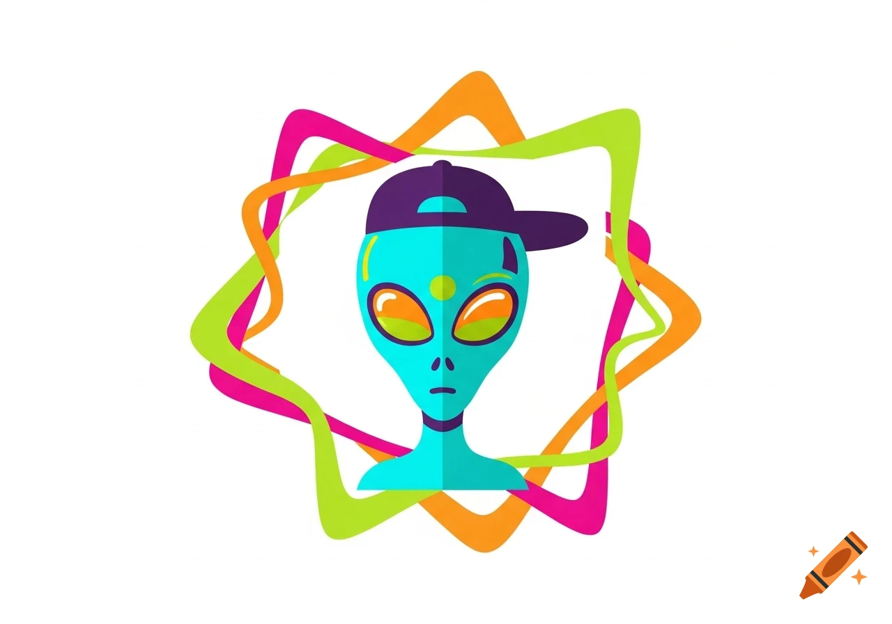 A flat vector illustration of a turquoise alien head wearing a purple baseball cap, surrounded by vibrant pink, green, and orange abstract shapes.
