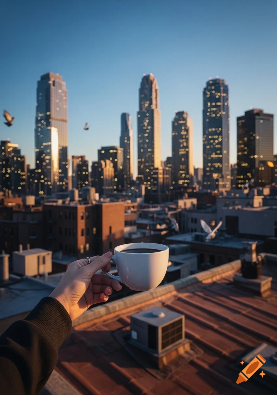 A hand holds a white coffee cup over a city rooftop with a blurry skyline and birds at sunset.