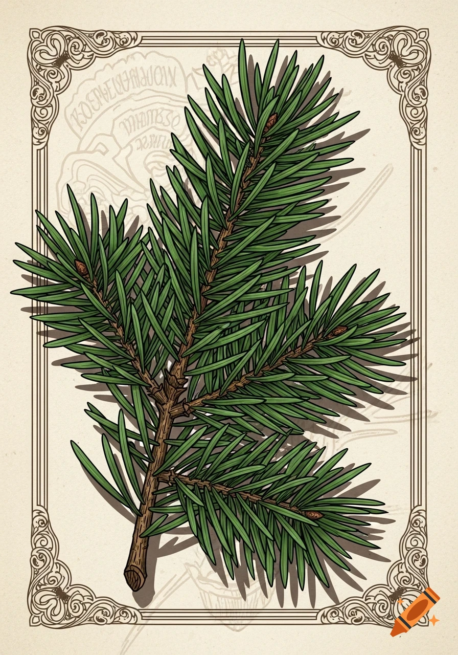 Stylized illustration of a green pine branch with small brown pinecones, framed by a decorative border.