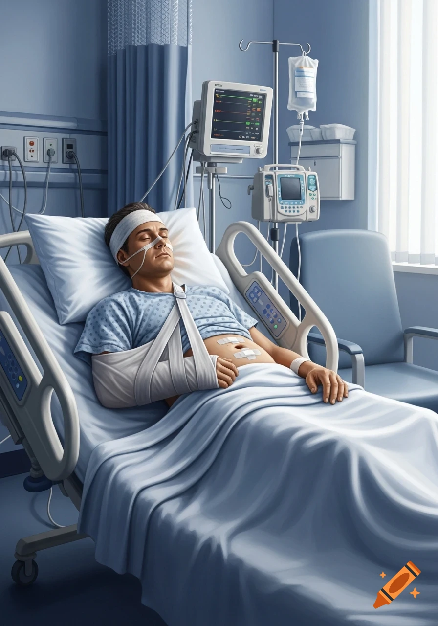 A man with a broken arm, head bandage, and nasal cannula sleeps in a hospital bed, surrounded by medical equipment.