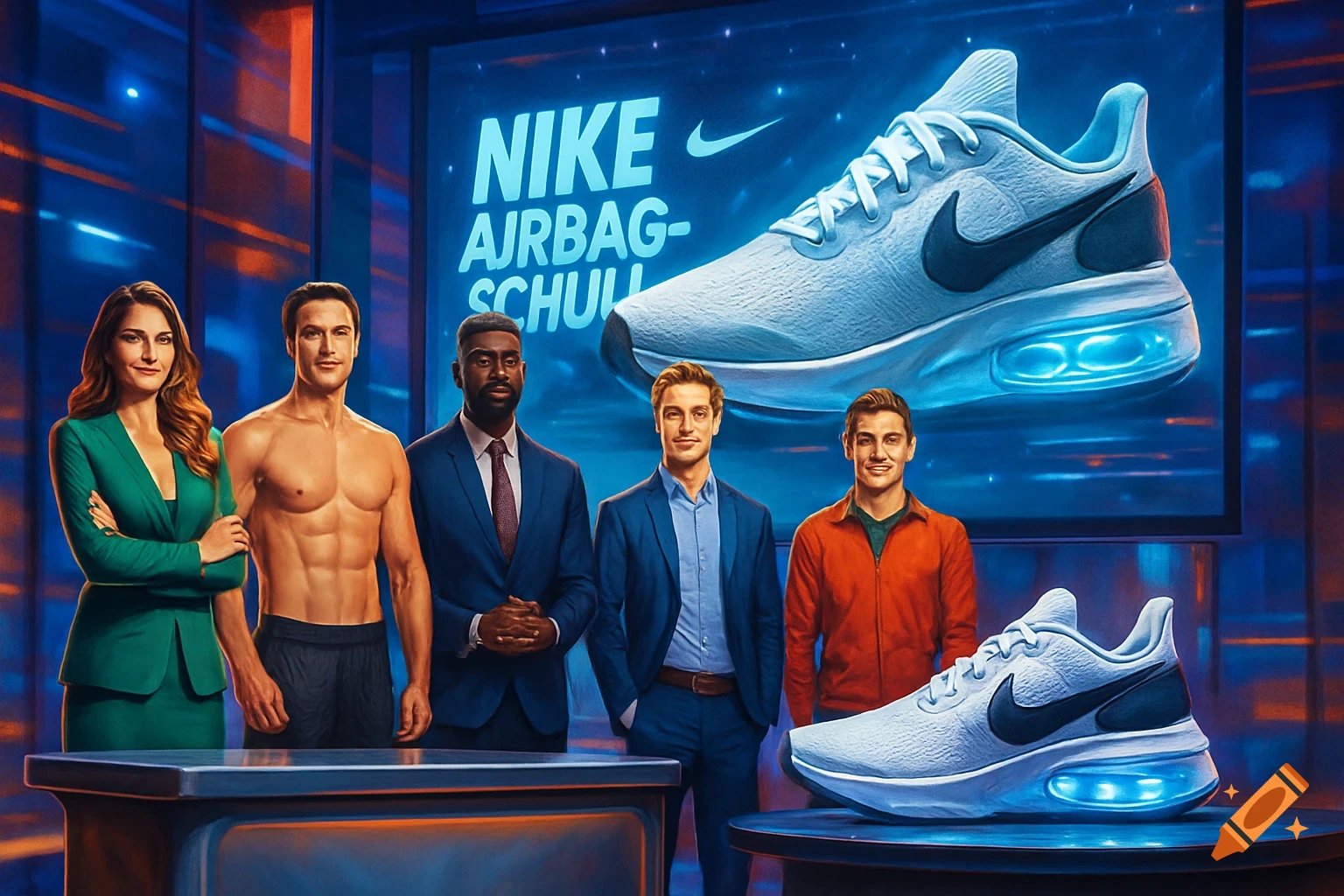 Five people, including a shirtless man, on a TV studio set presenting a Nike Airbag shoe, with a large screen displaying the product name.