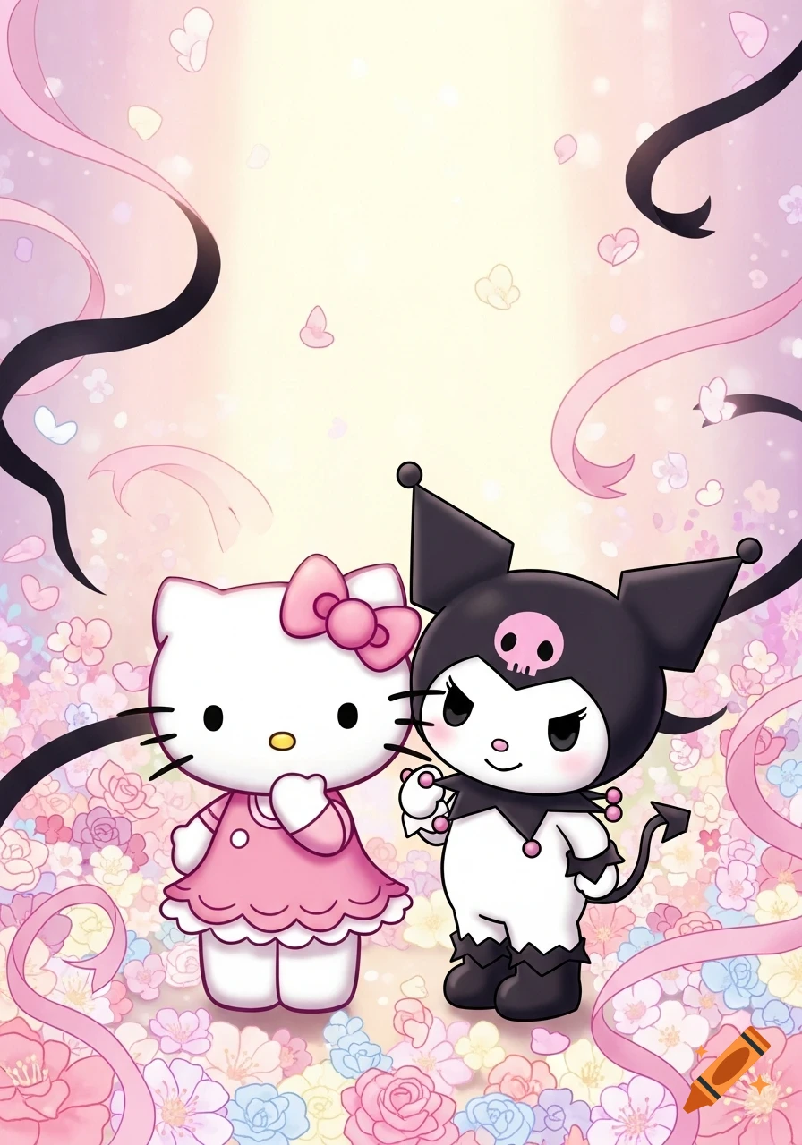 Hello Kitty and Kuromi stand together in a field of colorful flowers with ribbons, in a cute cartoon style.