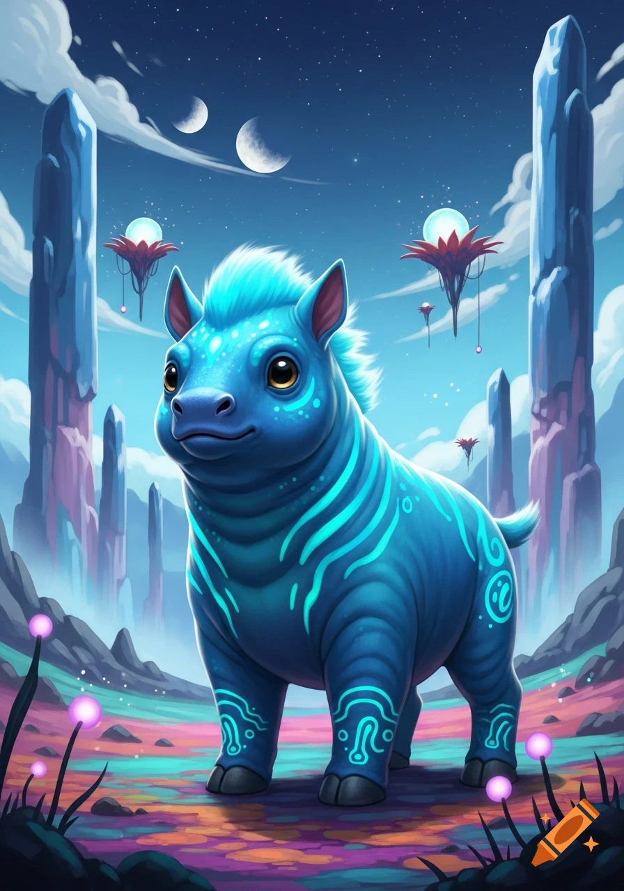 A cute, blue, chubby alien creature with glowing patterns on its body stands in a vibrant, otherworldly landscape under a starry sky with two moons.