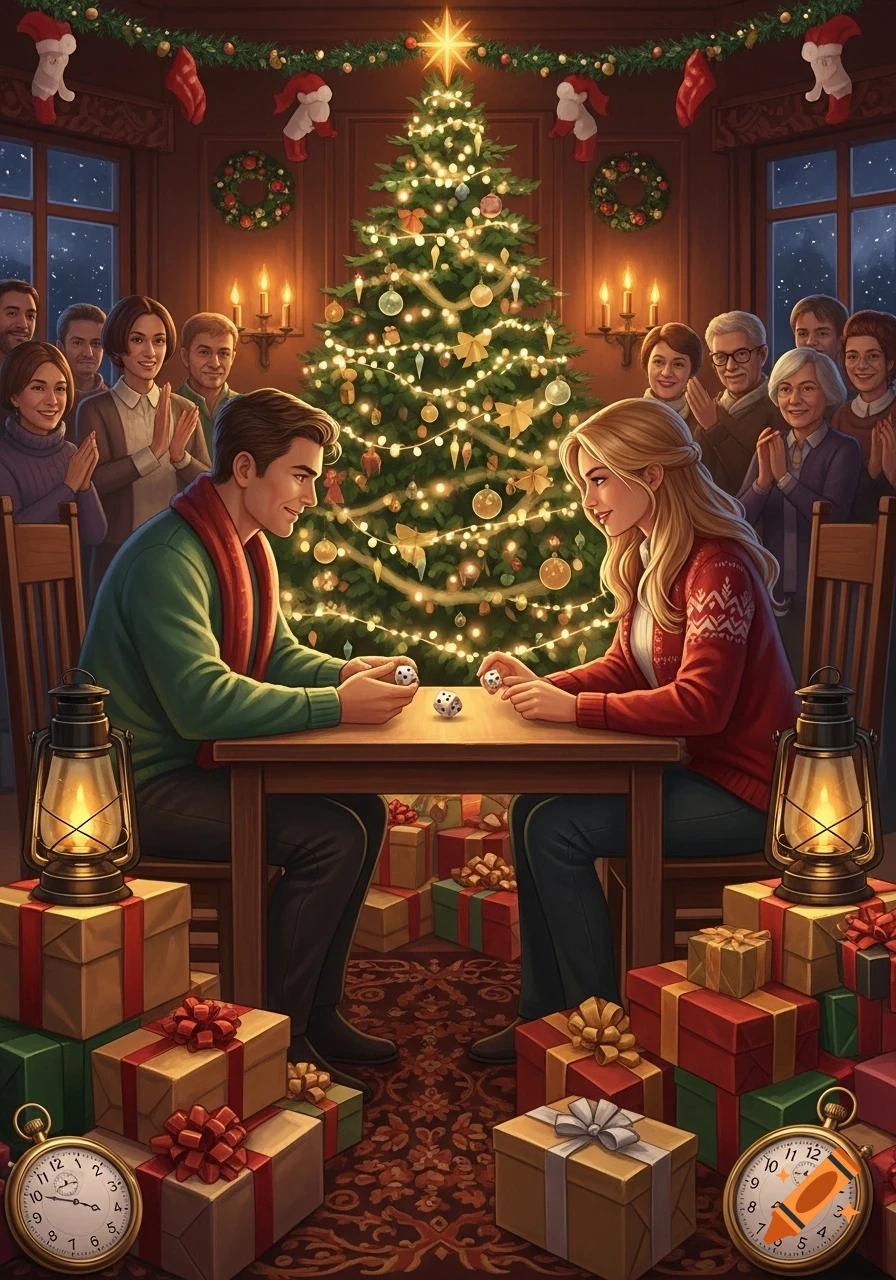 A couple plays dice at a table in a festive room with a decorated Christmas tree, surrounded by gifts and cheering family.
