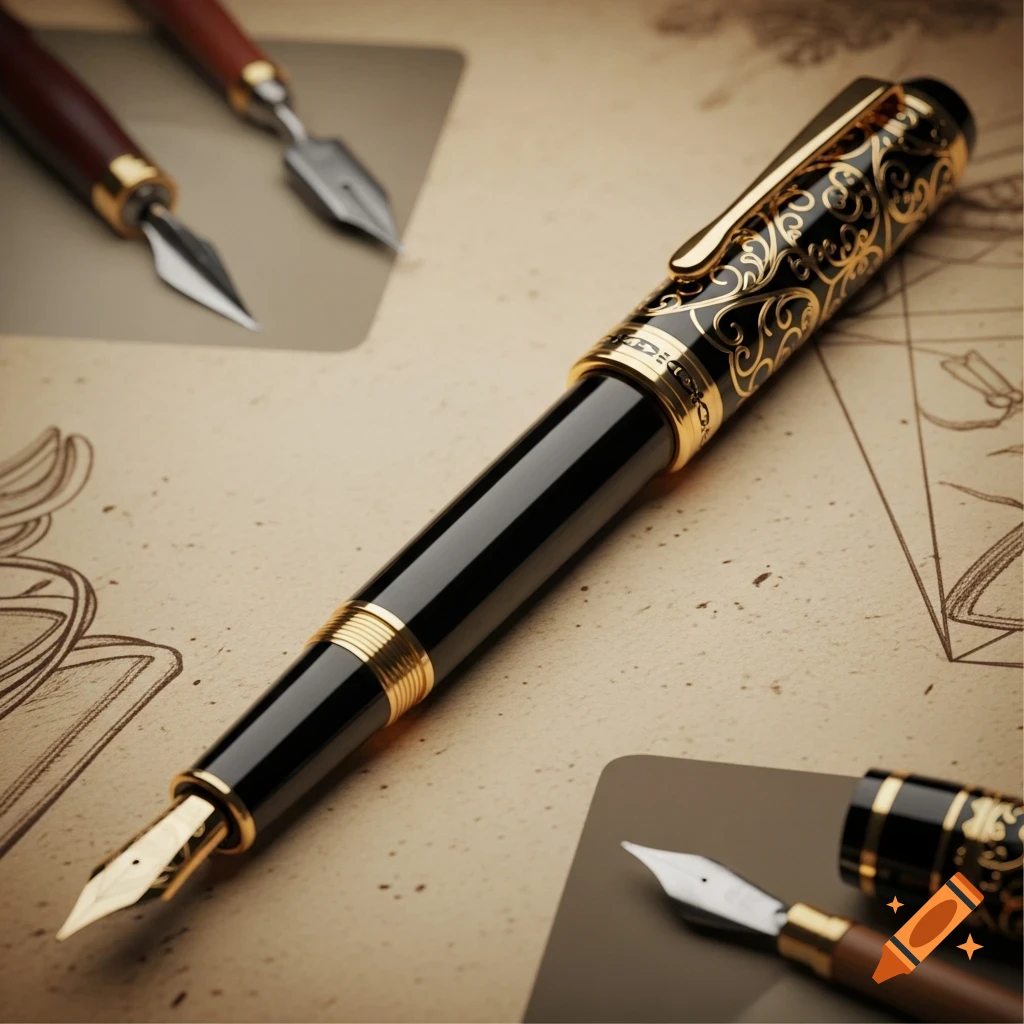 A black and gold fountain pen with intricate engravings rests on vintage paper with sketches, alongside blurred dip pens.