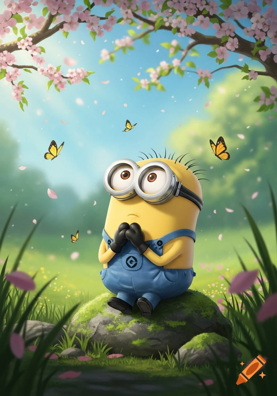 A cartoon Minion sits thoughtfully on a mossy rock under a flowering tree with butterflies and falling petals.