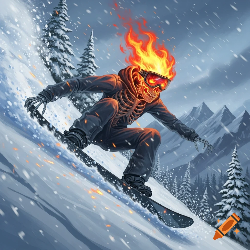 A flaming skull skeleton in goggles and a dark hooded suit snowboards down a snowy mountain with pine trees and peaks.