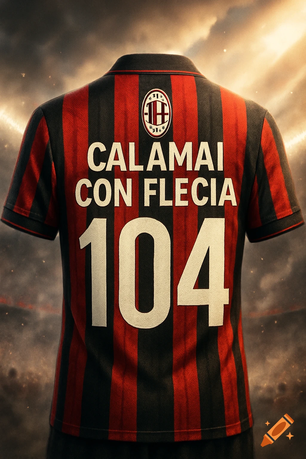 Back of an AC Milan soccer jersey with red and black stripes, featuring the name CALAMAI CON FLECIA and number 104.
