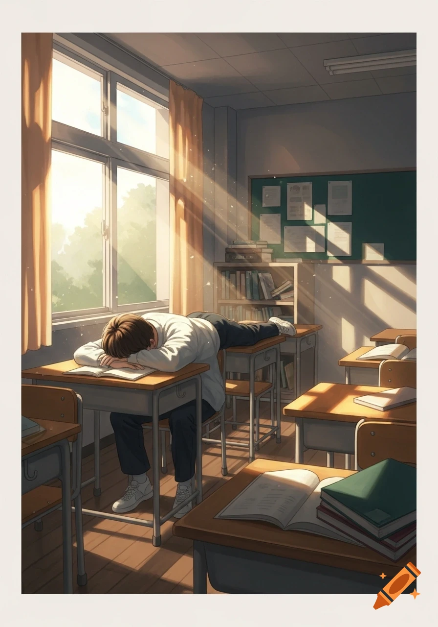 An anime-style student sleeps slumped over a desk in a sunlit classroom, light rays streaming through the window.