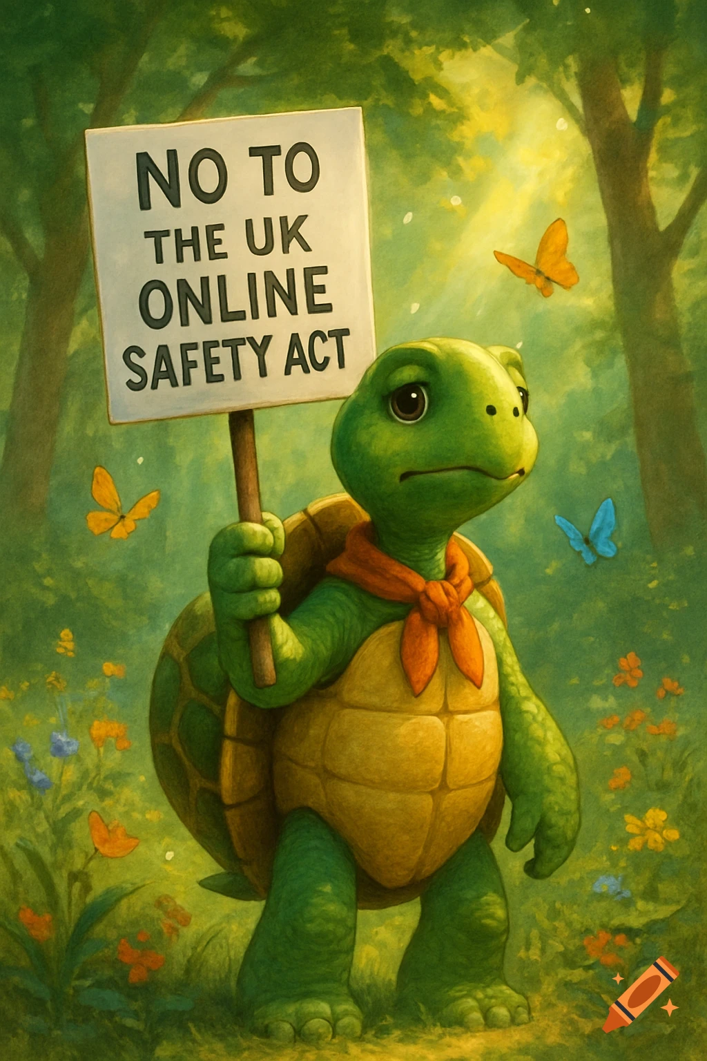 A cartoon turtle wearing an orange bandana holds a sign that reads 'NO TO THE UK ONLINE SAFETY ACT' in a lush forest.