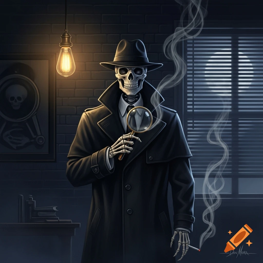 A stylized skeleton detective in a fedora and trench coat holds a magnifying glass, smoking in a dark, noir-style room with moonlight.