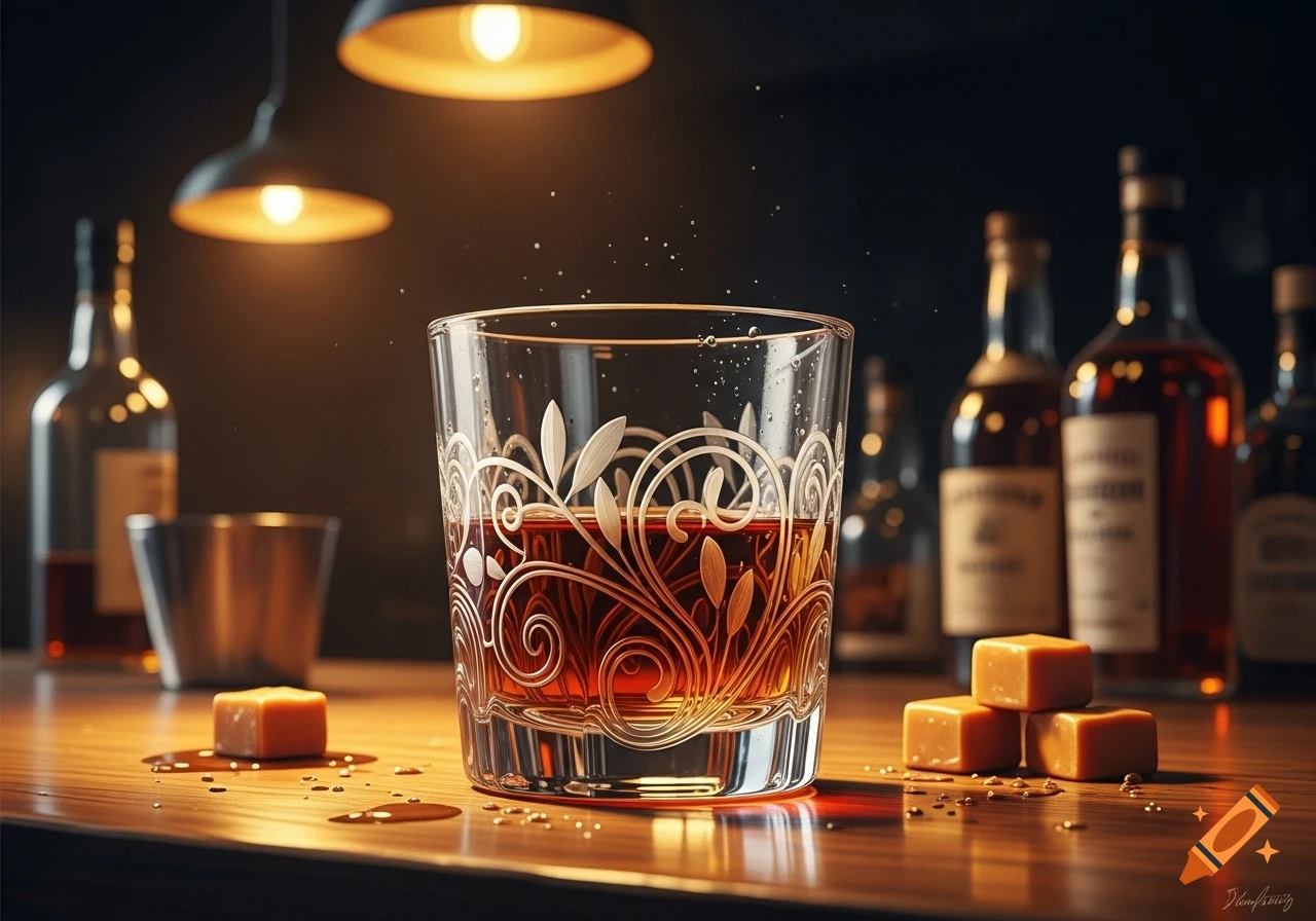 A decorative glass filled with amber liquor sits on a wooden bar counter next to caramels, illuminated by warm pendant lights. Bottles blur in the background.