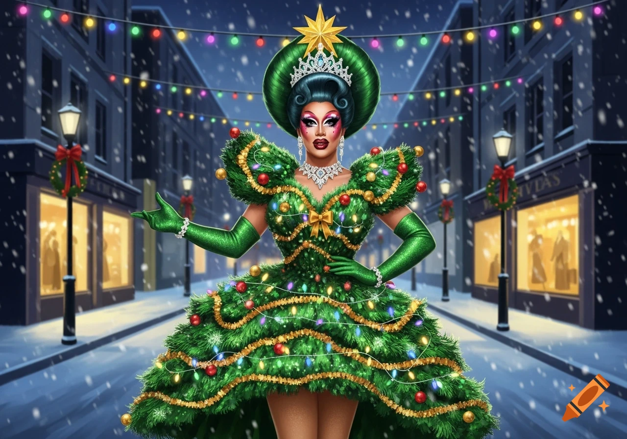 A drag queen in a Christmas tree costume with a star on her head stands on a snowy street lined with festive shops and lights.