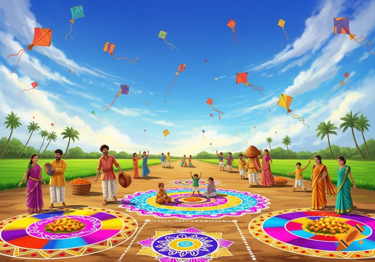 Vibrant illustration of an Indian festival in a village with people flying colorful kites over green fields and intricate rangoli.